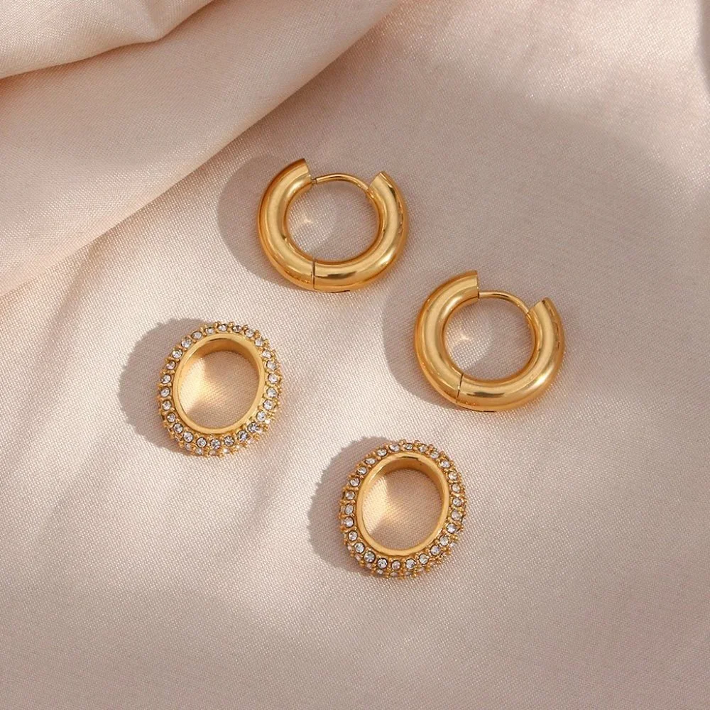 Chunky Micro Pave Zircon Double Hoop Earrings 18K Gold Plated Stainless Steel - Picture 6 of 10